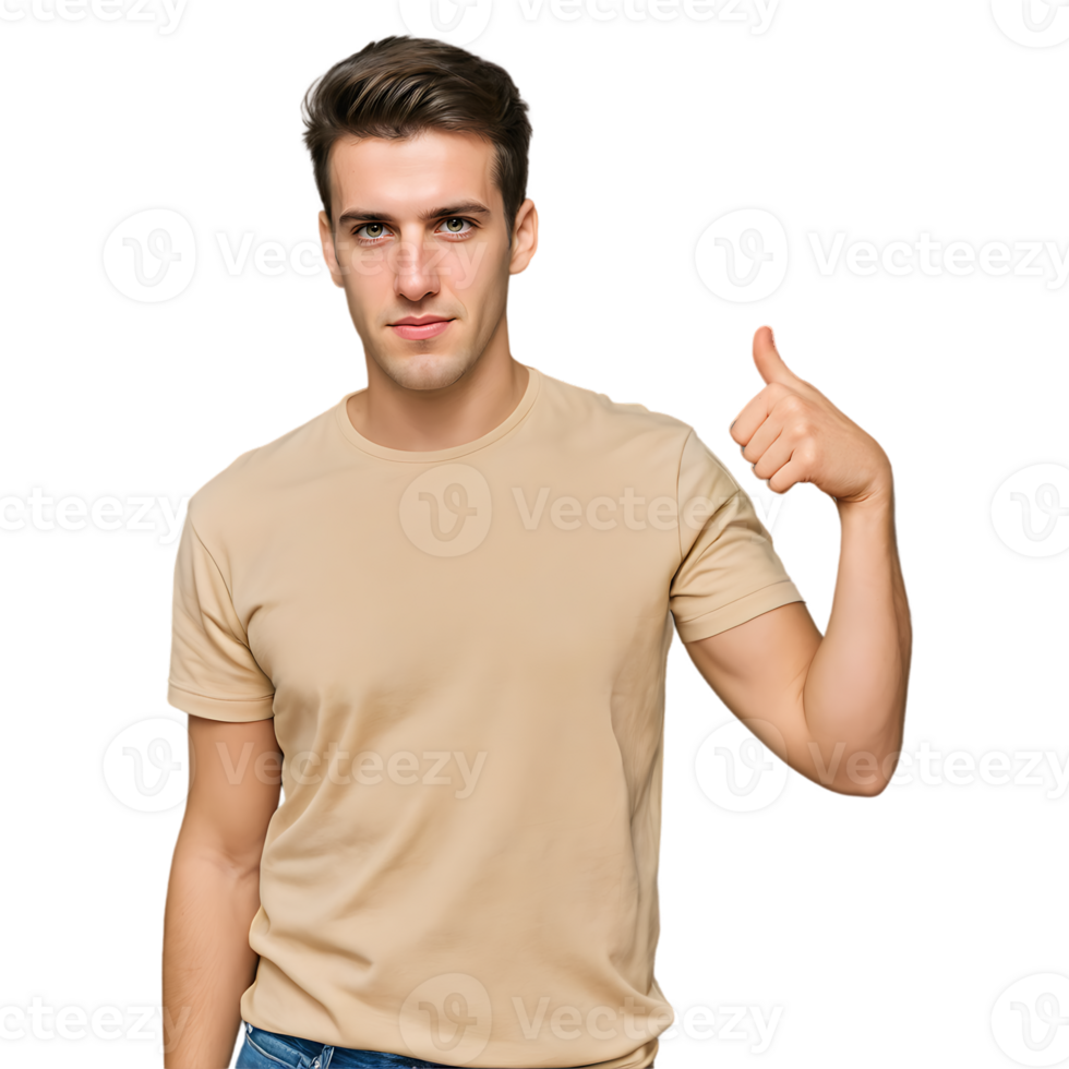 A man in a tan t - shirt is giving the thumbs up png