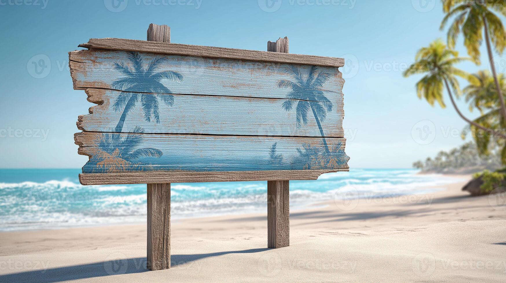 Tropical Beach Signboard with Palm Tree Silhouette, Ideal for Summer Travel, Coastal Decor, and Vacation Campaigns Background photo