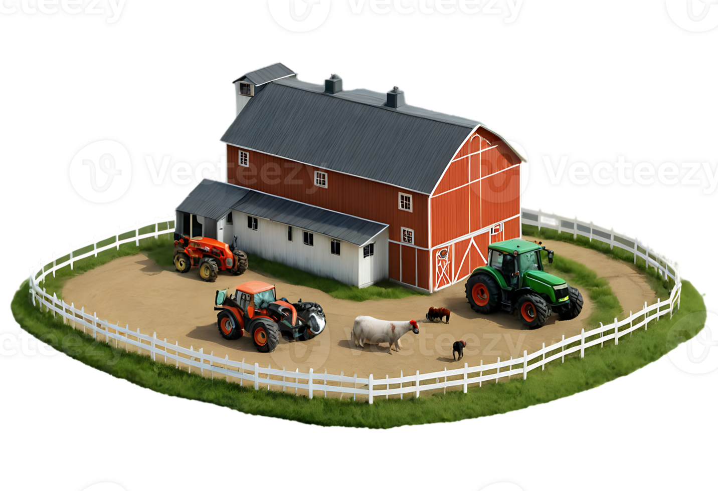 Farm animals and tractors in front of a red barn png