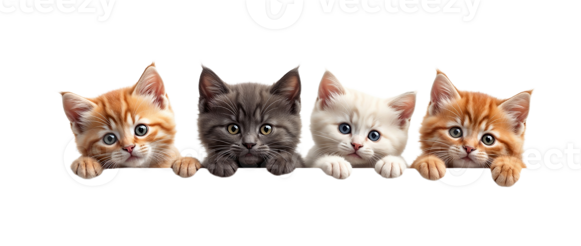 Four fluffy kittens perfectly isolated on transparent background png