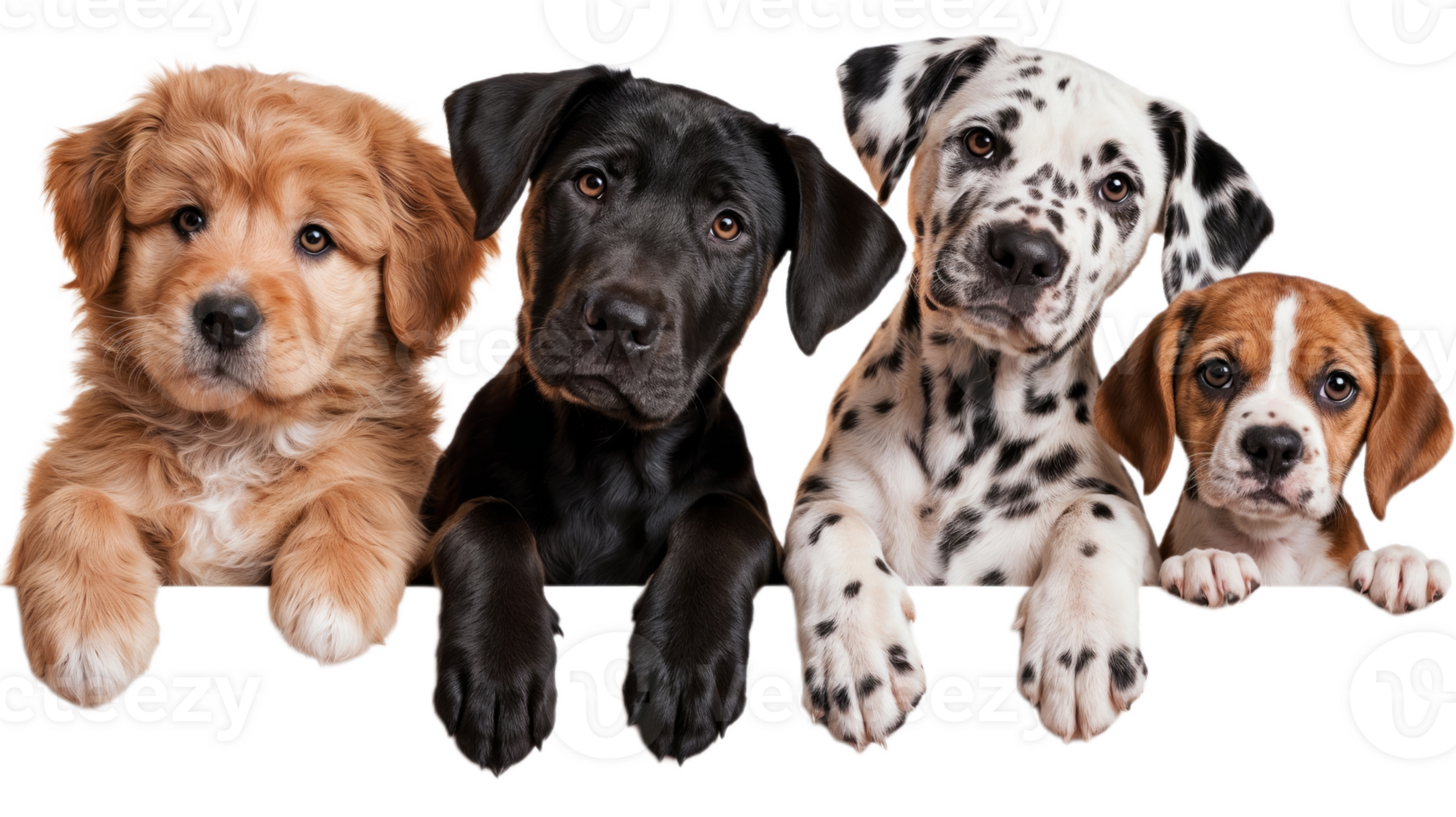 Four puppies of different breeds on a transparent background, perfect for design png
