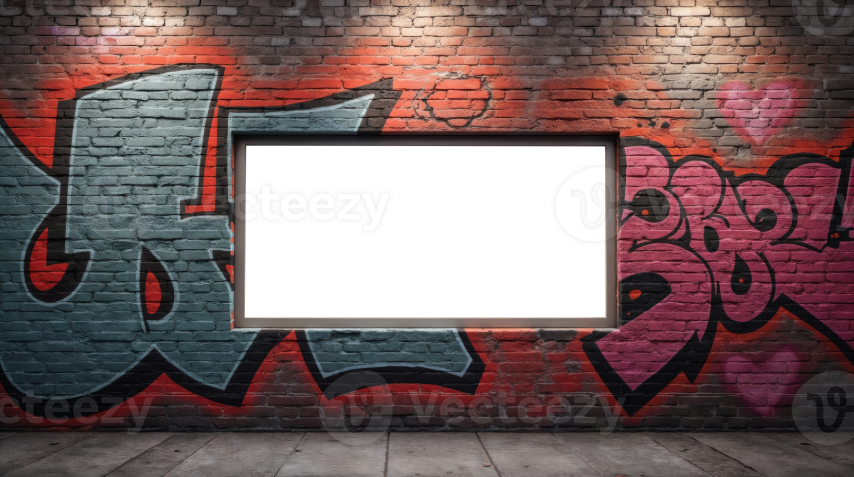 Brick wall with graffiti and an illuminated transparent frame png