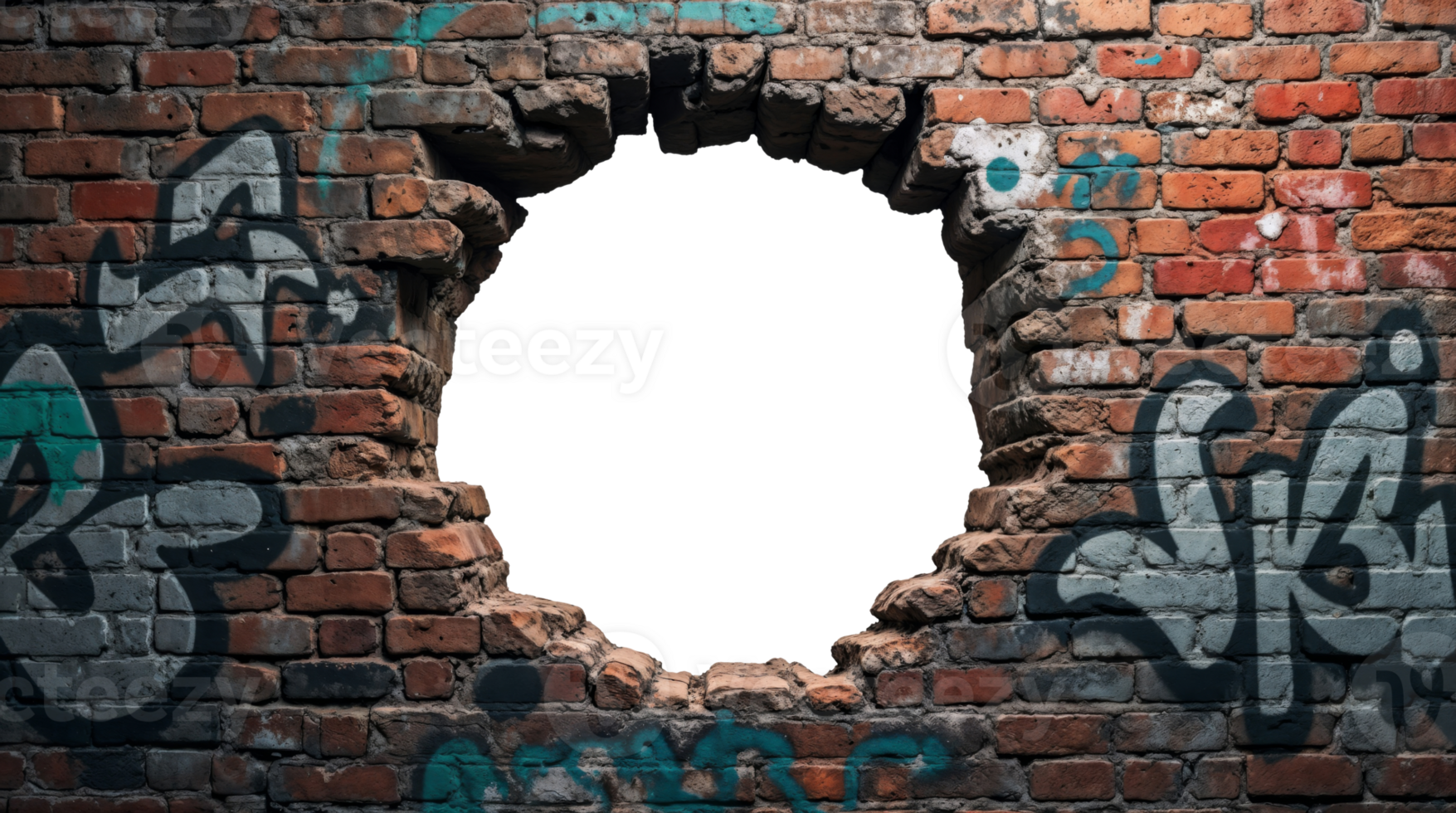 Hole in brick wall with graffiti and transparent center png