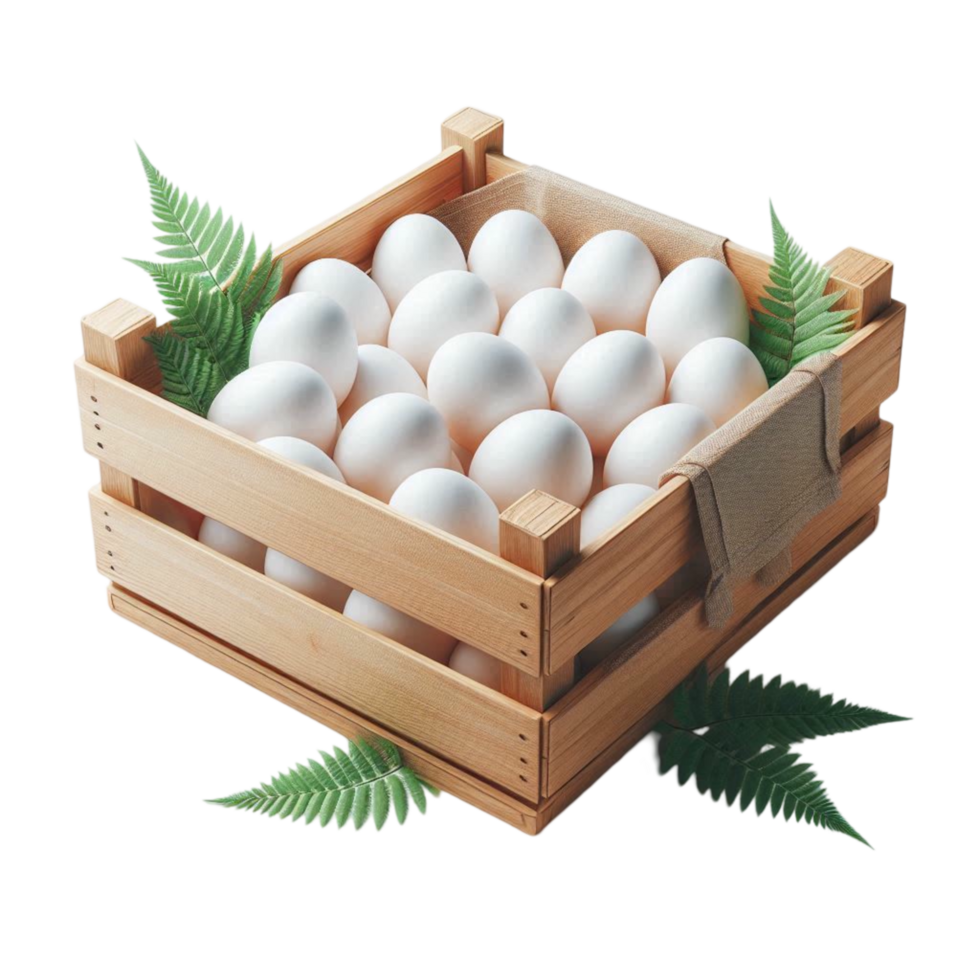 Fresh White Farm Eggs in Wooden Crate with Green Leaves png