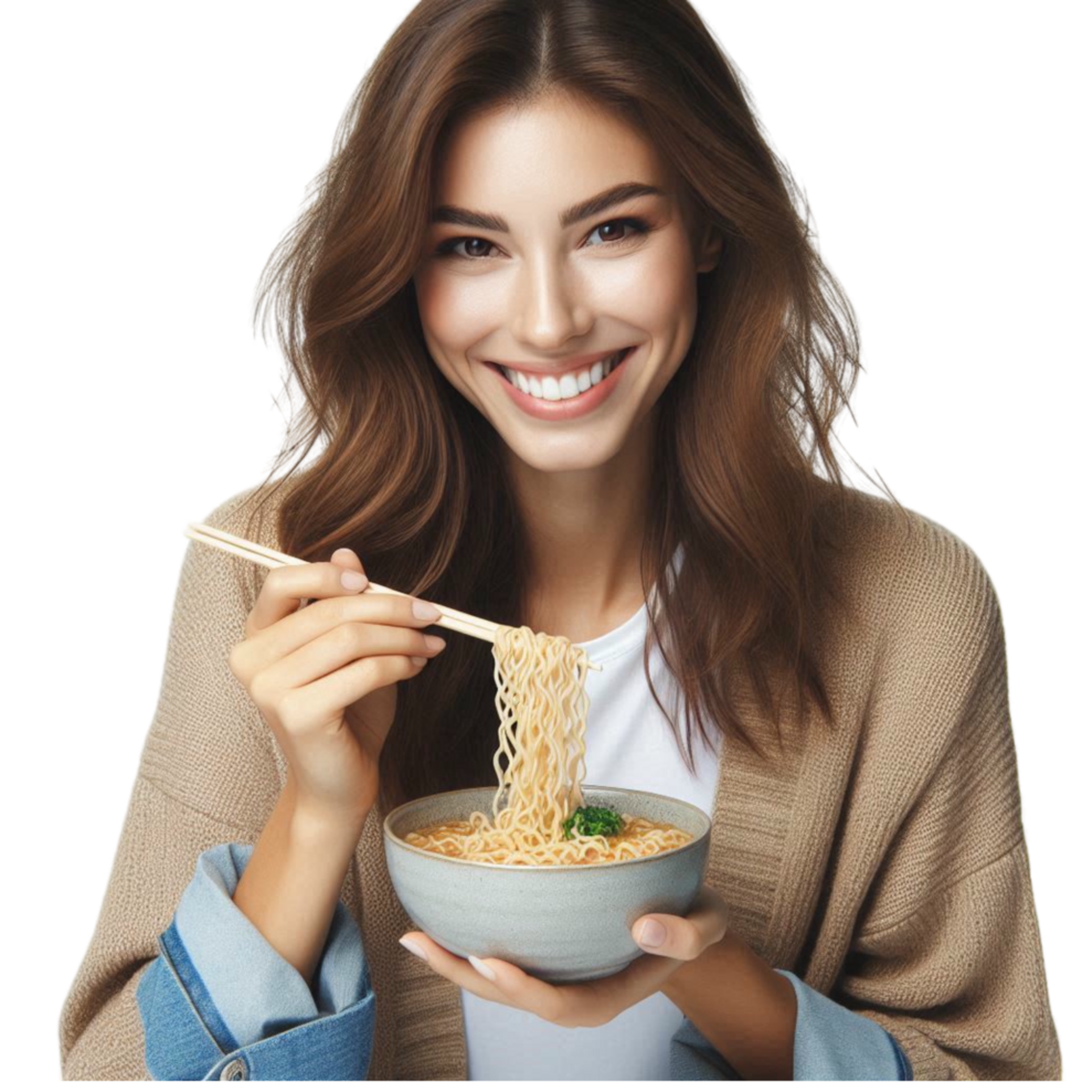 Beautiful Woman Enjoying Delicious Noodles with Smile png