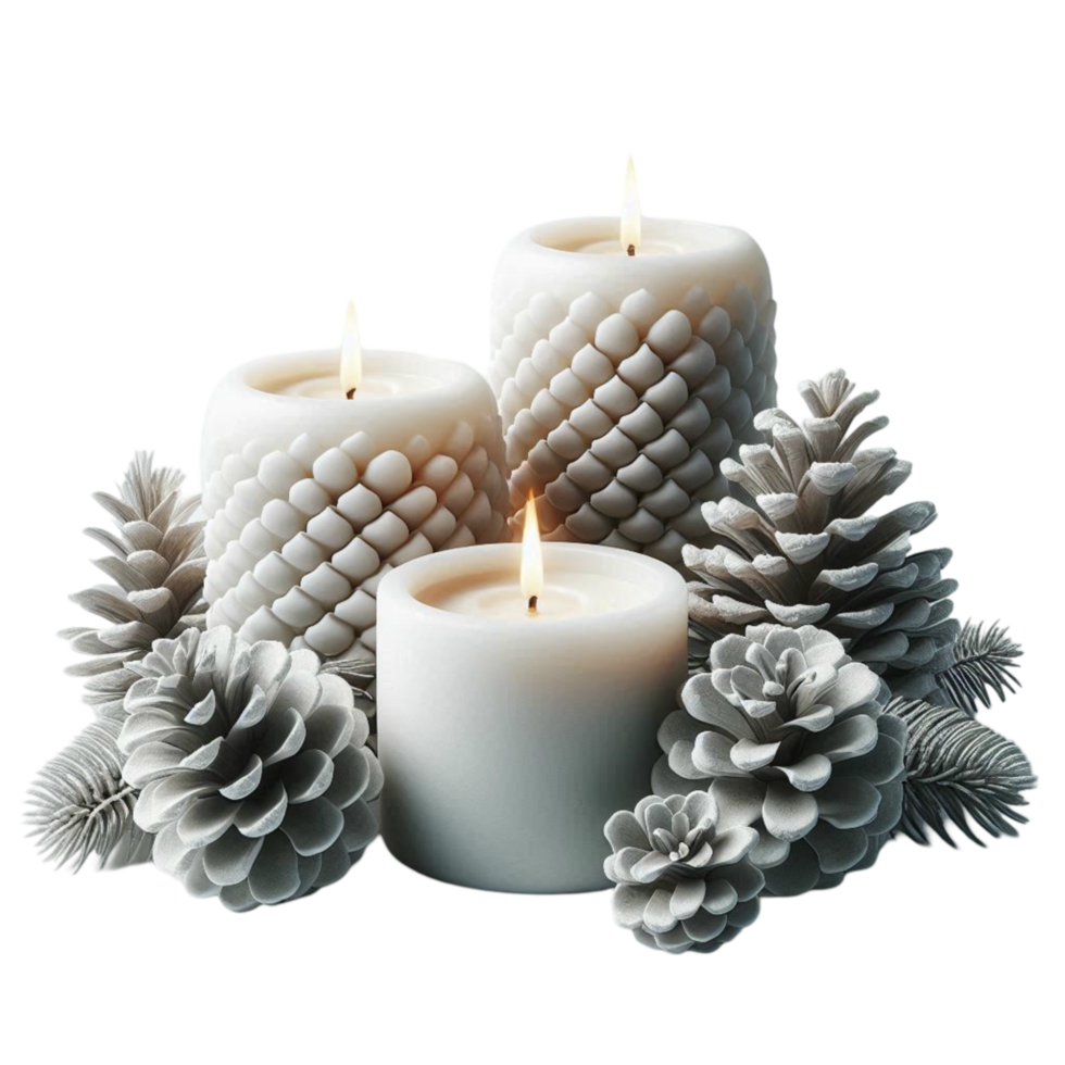 White Candles with Pinecones and Snowy Decor png