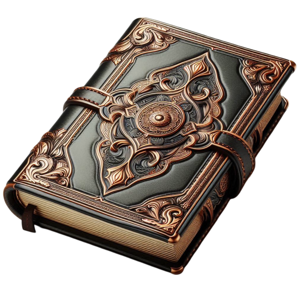 Fantasy Themed Leather Journal with Ornate Metal Clasps png