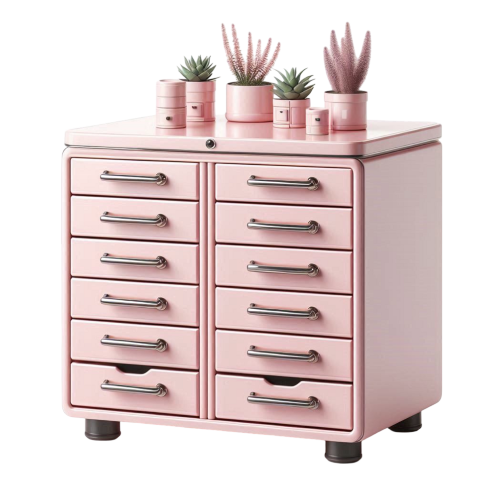Pink Rolling Drawer Cabinet with Potted Plants png