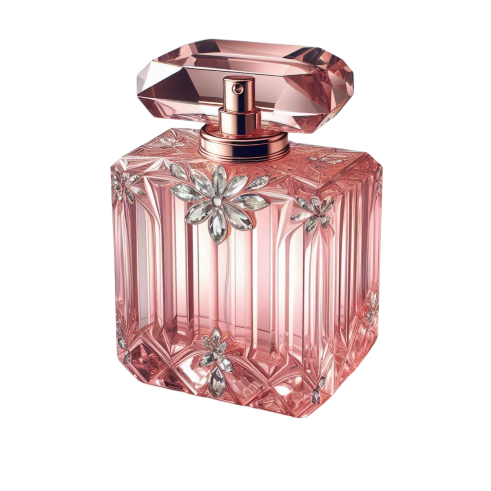 Tall Rectangular Pink Perfume Bottle with Flower Detail png