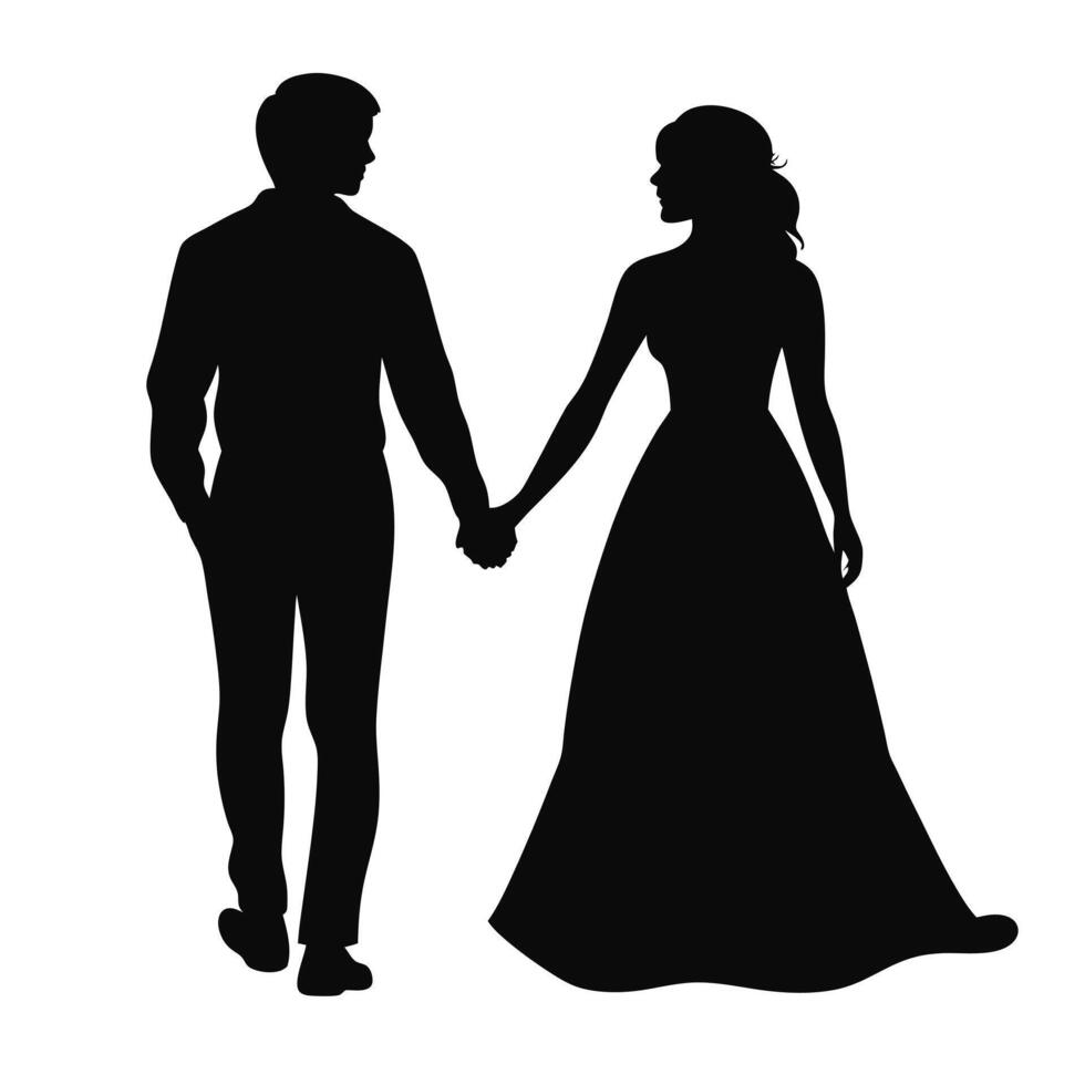 Romantic Silhouette of Bride and Groom Holding Hands in Minimalist vector