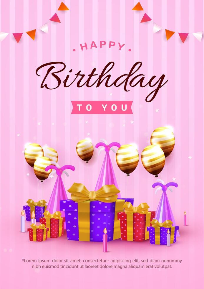 Festive Birthday Celebration Card with Balloons and Colorful Wrapped Presents vector