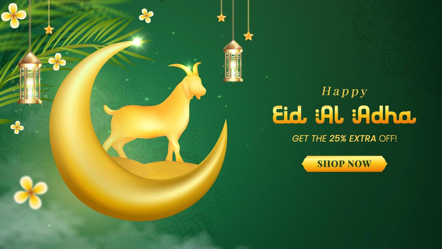 Golden Eid Al Adha Celebration Design with Crescent, Goat, Lanterns, and Floral Decorations vector
