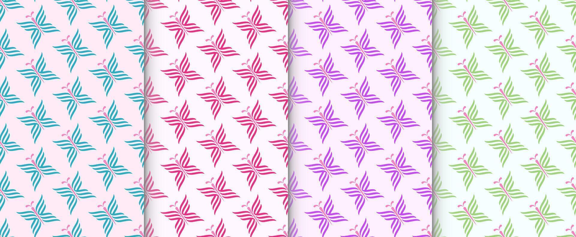 A set of seamless butterfly-inspired geometric patterns in 4 colorways. Perfect for textiles, packaging, wallpapers, and digital design. vector