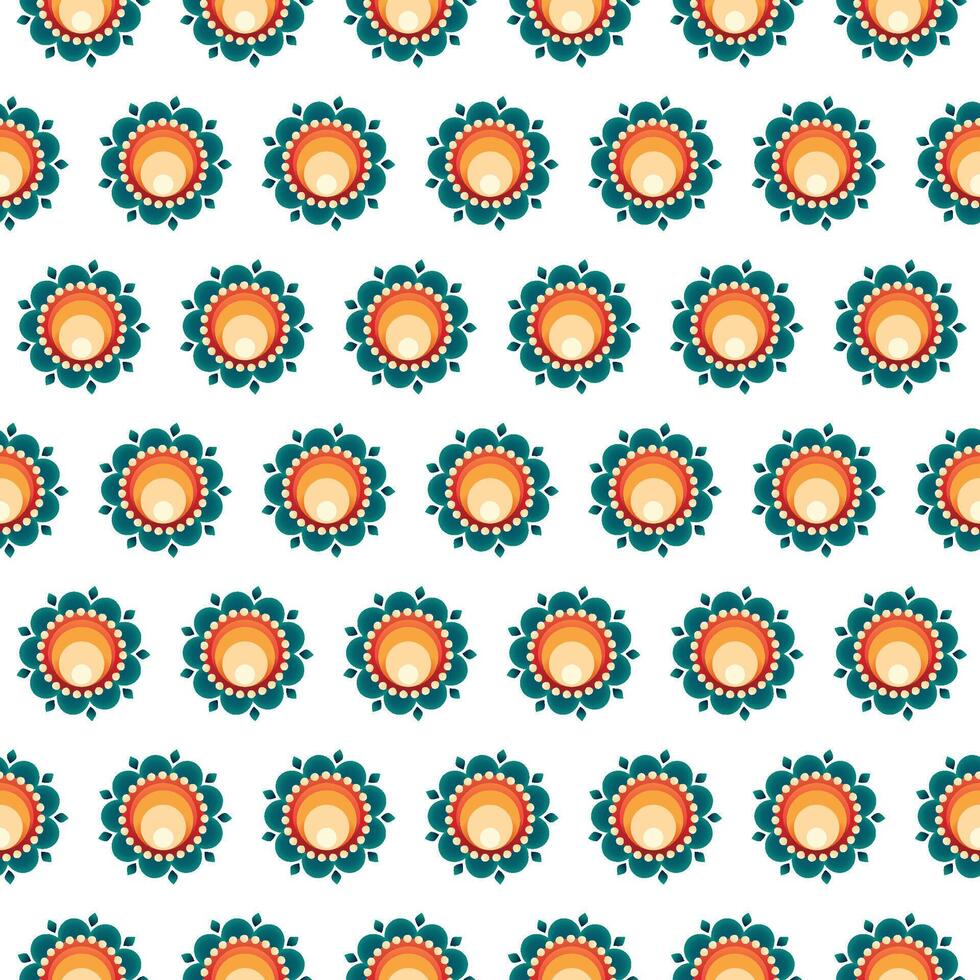 Vibrant seamless mandala-inspired floral pattern with orange and teal tones. Great for digital papers, textiles, and printables vector