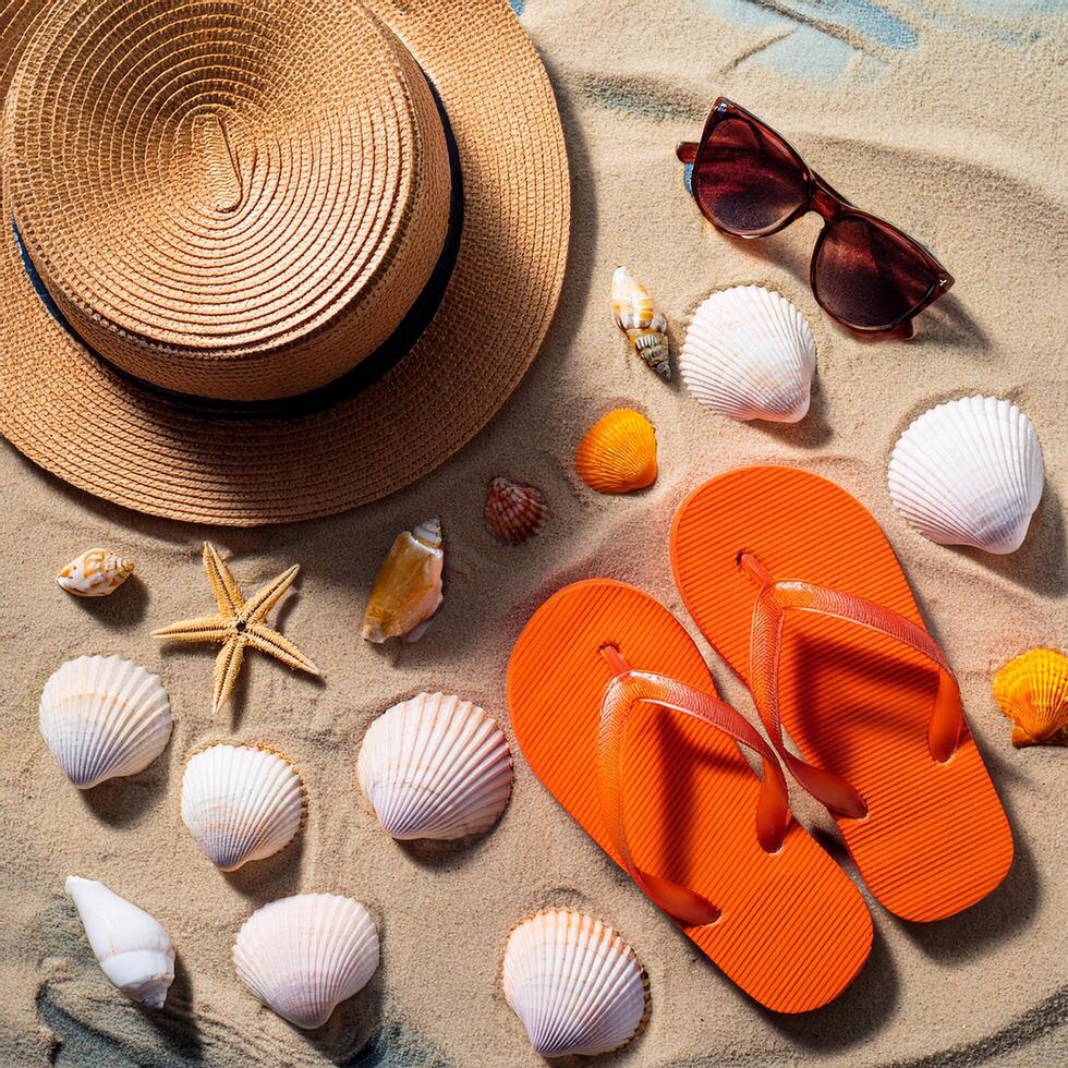 A hat, sunglasses, flip flops and shells on the sand photo