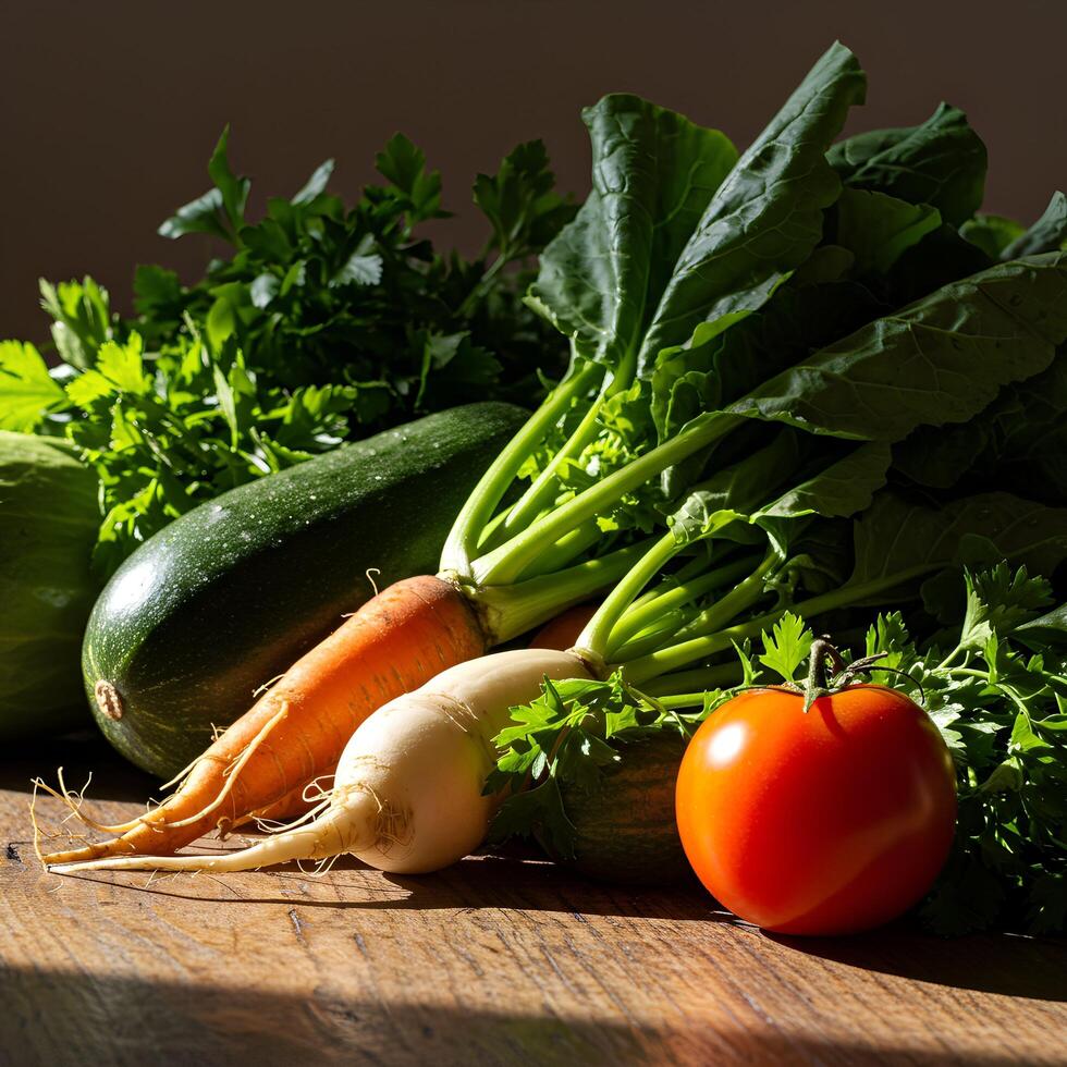 A table with a bunch of vegetables on it photo