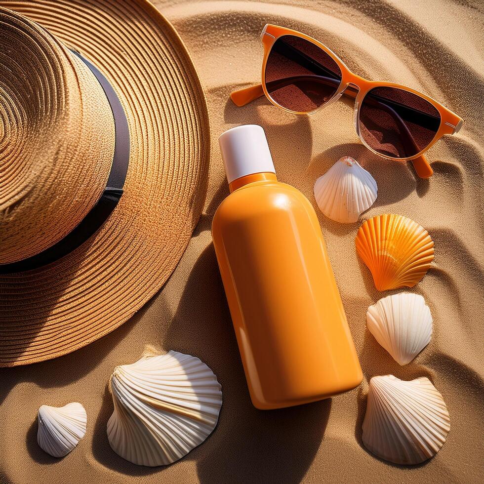 Sunscreen, hat, sunglasses and bottle of sunscreen on sand photo
