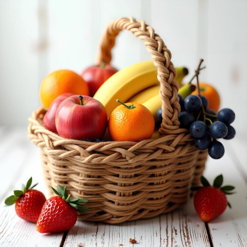 Fruits in a basket on a wooden table photo