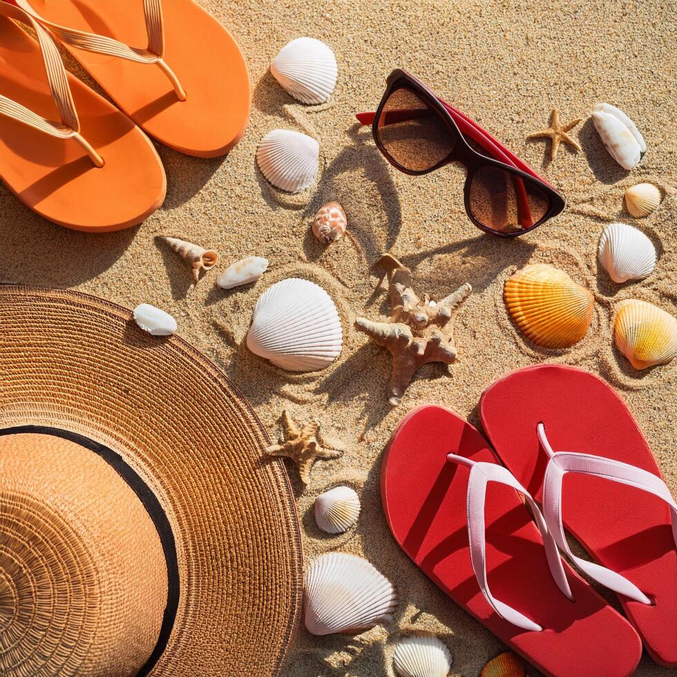 Summer vacation concept with flip flops, sunglasses and shells on the beach photo
