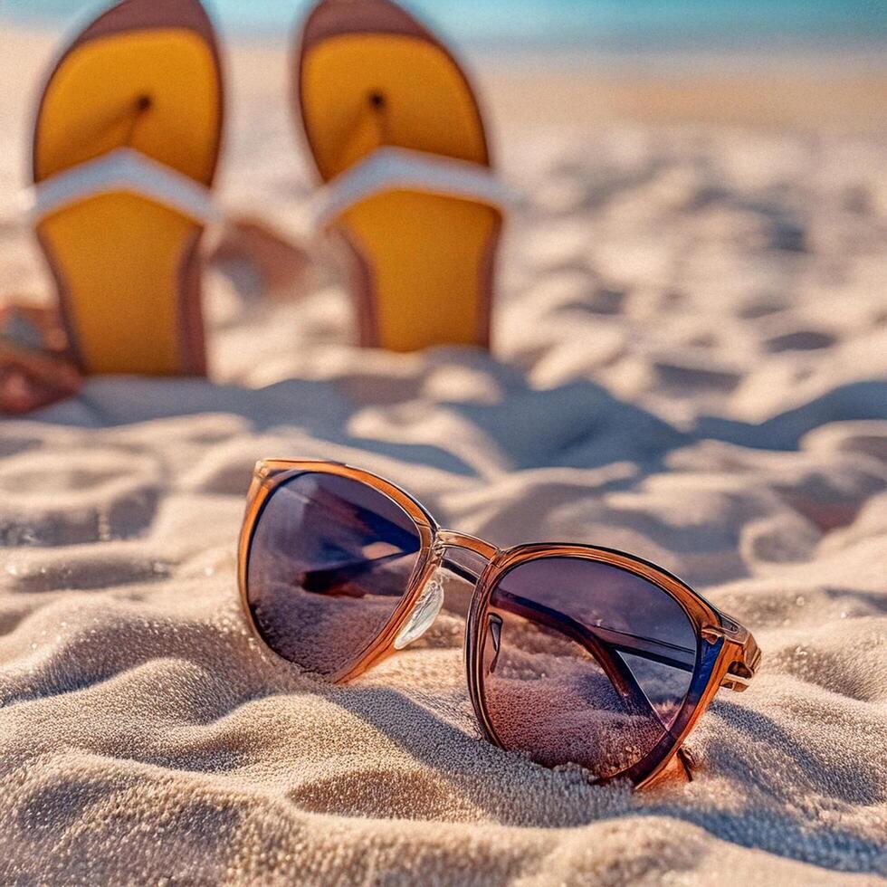 A pair of sunglasses and flip flops on the beach photo