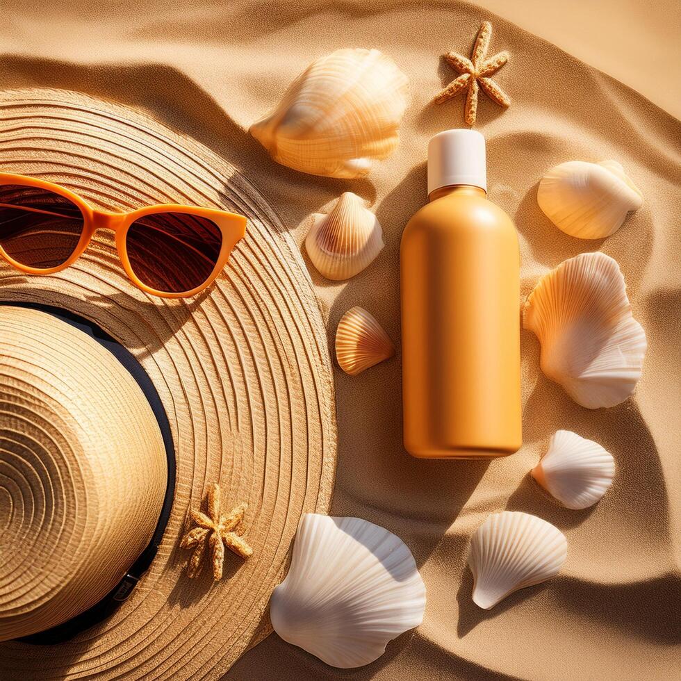 Sunscreen, sunglasses and hat on sand with shells photo