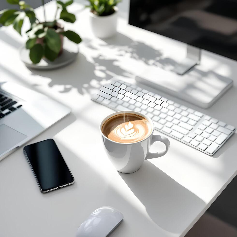 Coffee cup on a desk with laptop, keyboard and mouse photo
