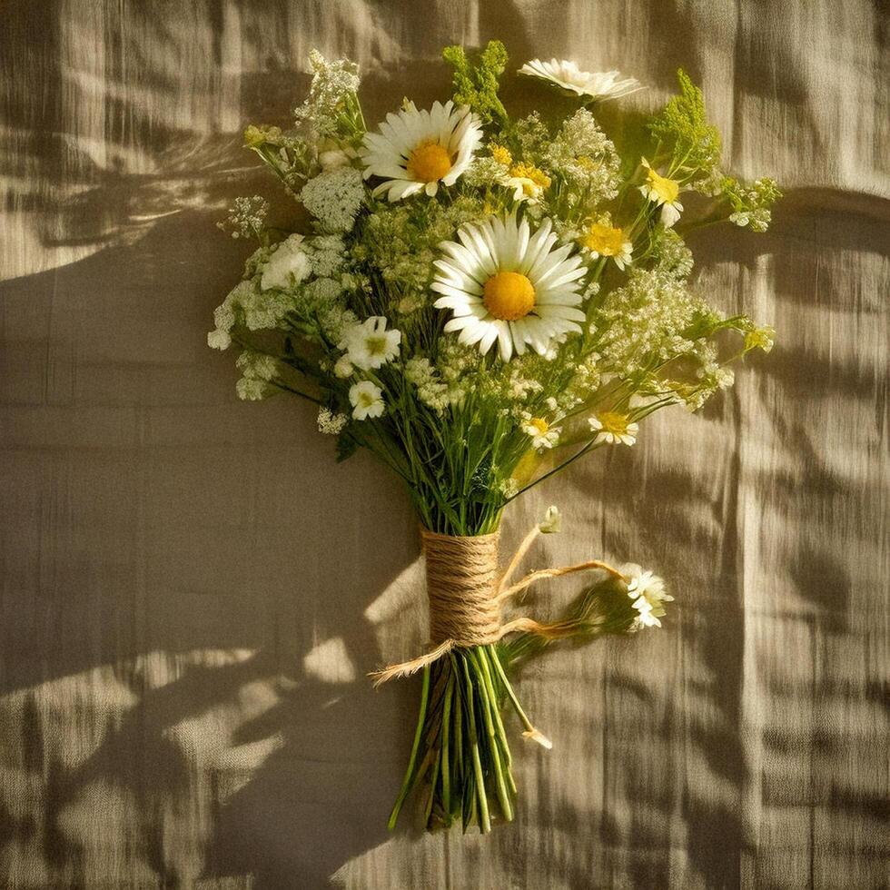 A bouquet of wildflowers tied to a rope photo