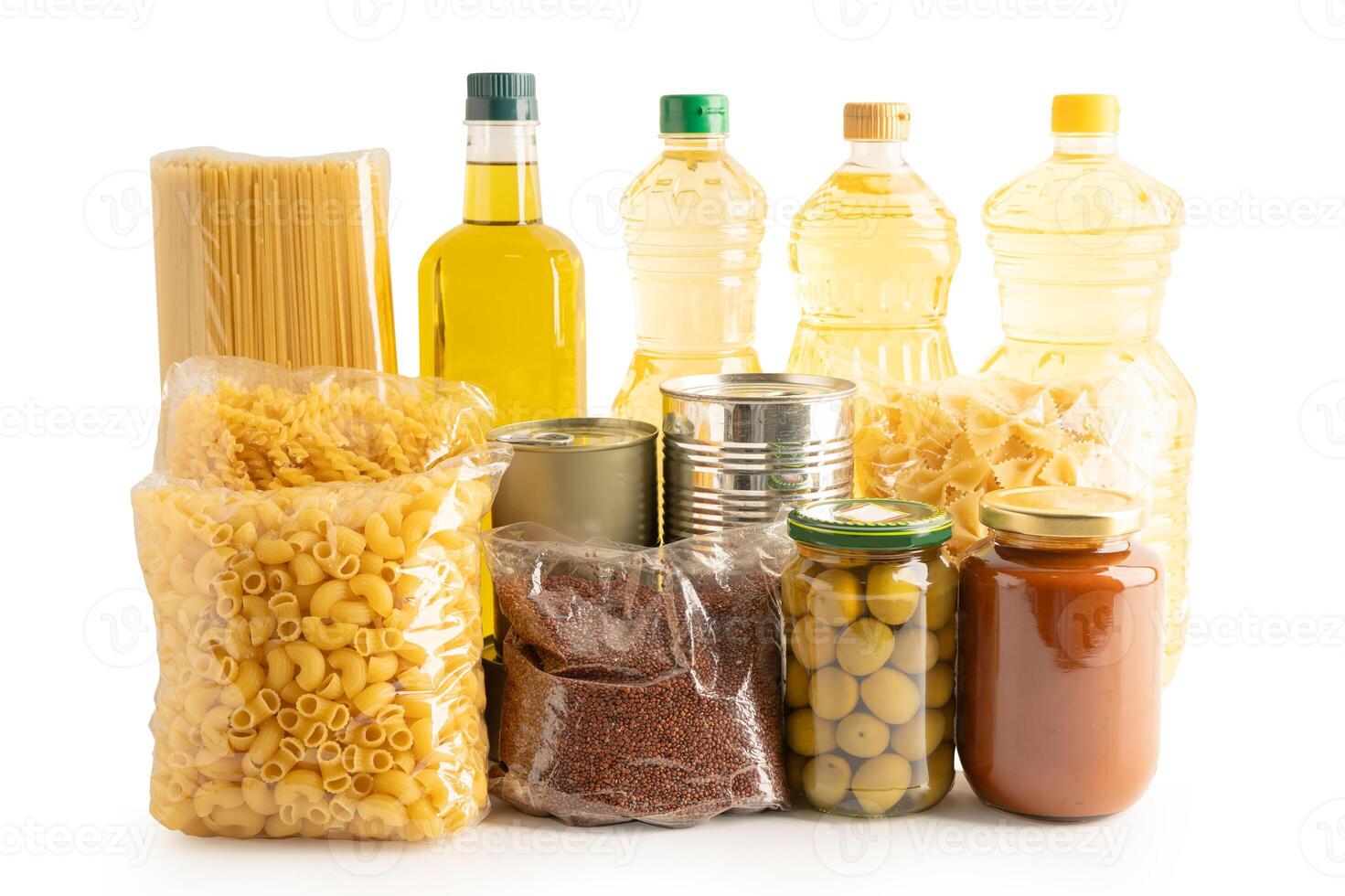 Foodstuffs in donation box isolated on white background with clipping path for volunteer to help peo photo