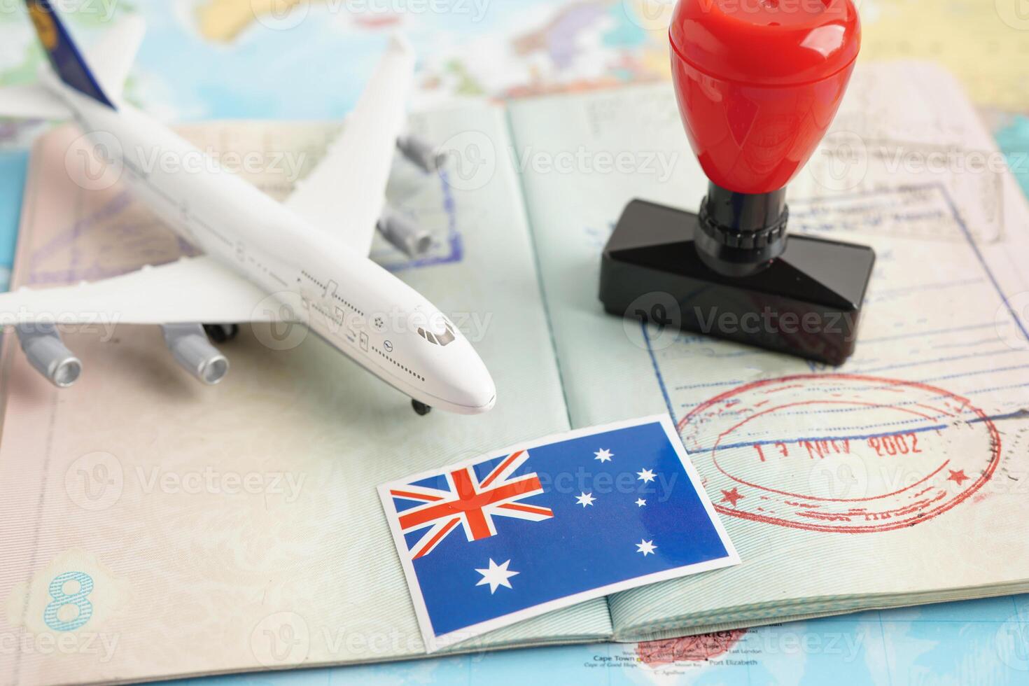 Australia flag and passport with airplane for tr photo