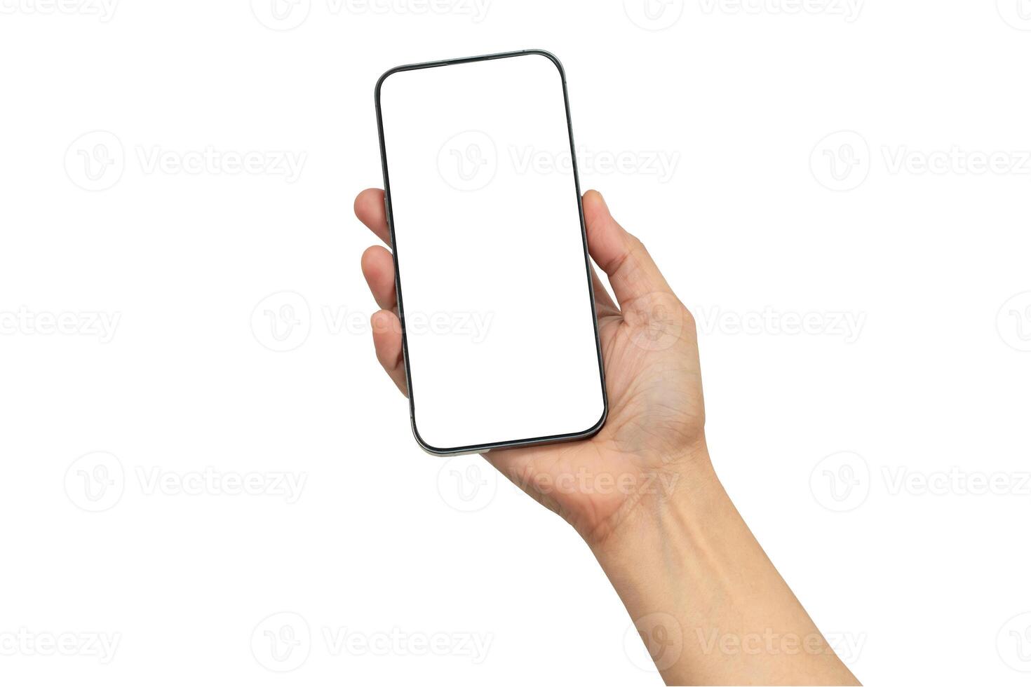 Asian woman holding smartphone in hand with blank screen isolated on white background with clippin photo