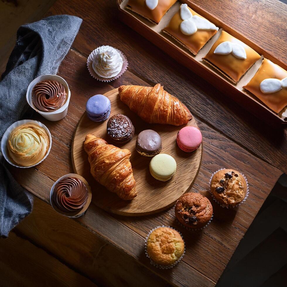 A table topped with various pastries and other desserts photo