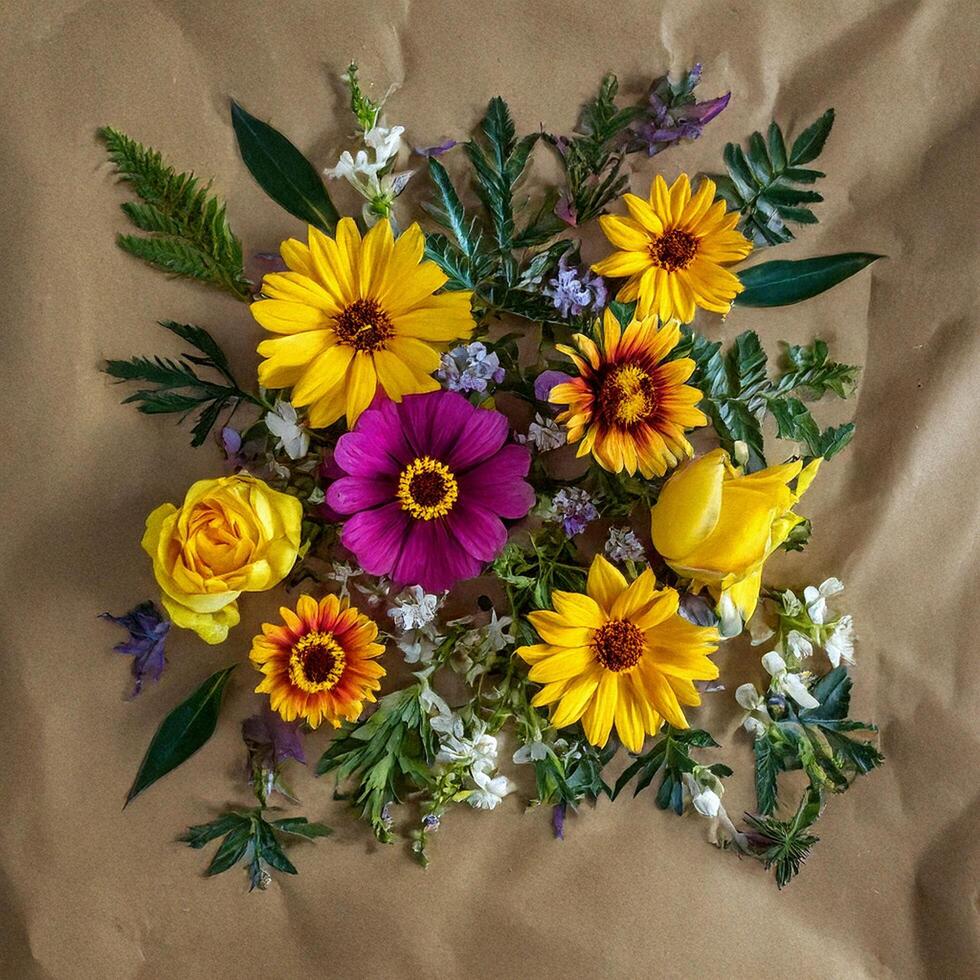 A bouquet of flowers arranged on a brown paper photo