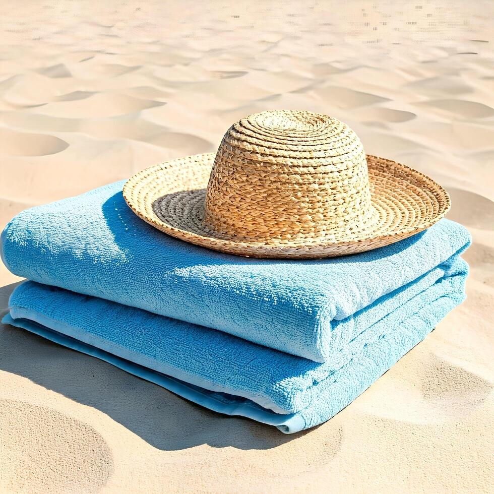 A hat and towel on a beach photo