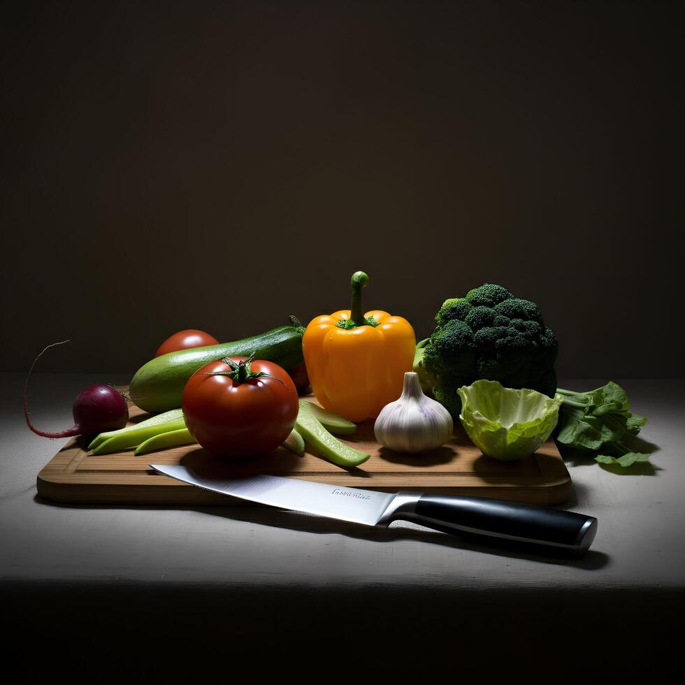 A knife and a bunch of vegetables on a cutting board photo
