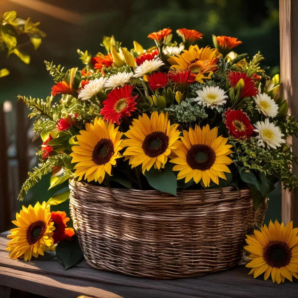 A basket with sunflowers and other flowers on a wooden table photo