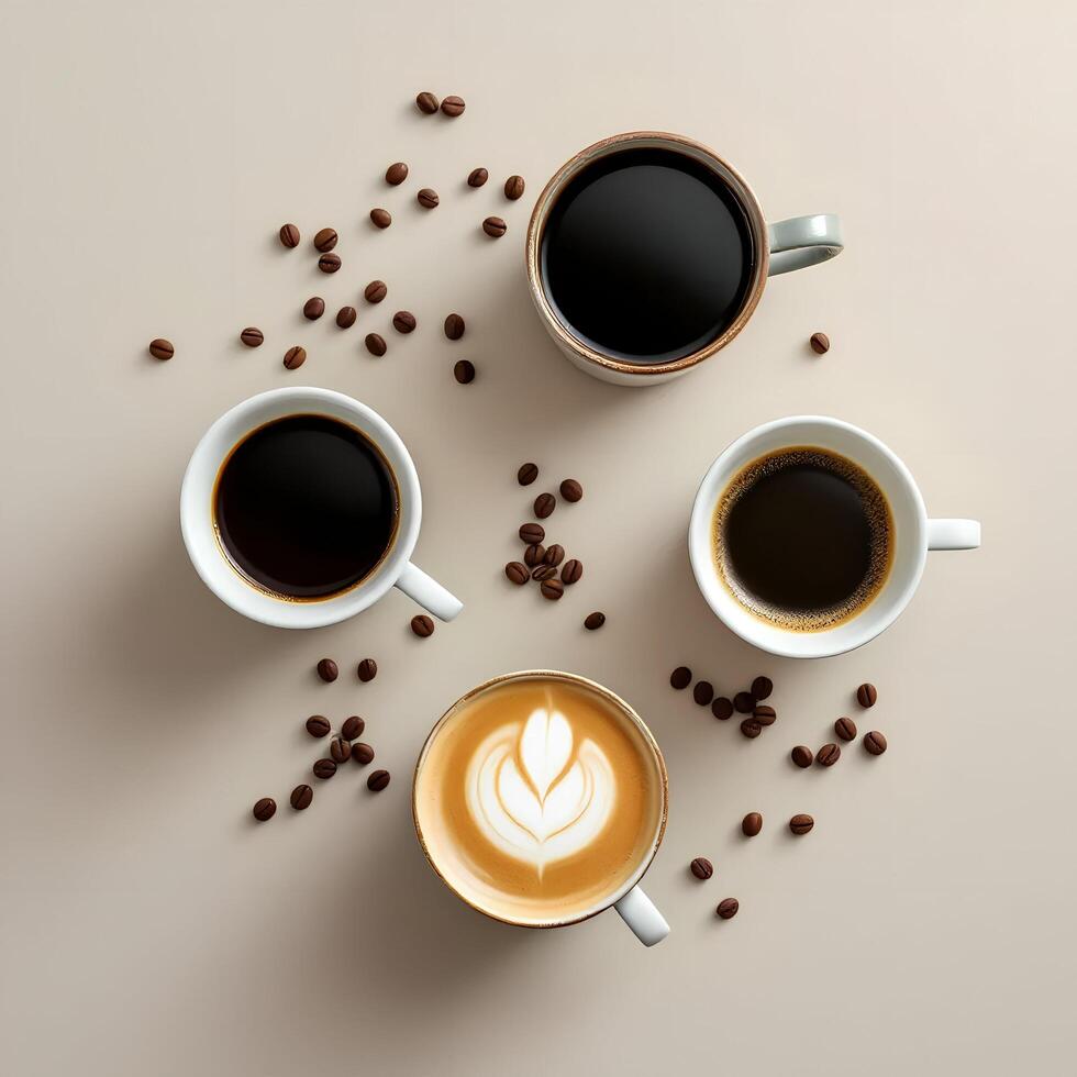 Coffee cups with coffee beans and a latte art photo