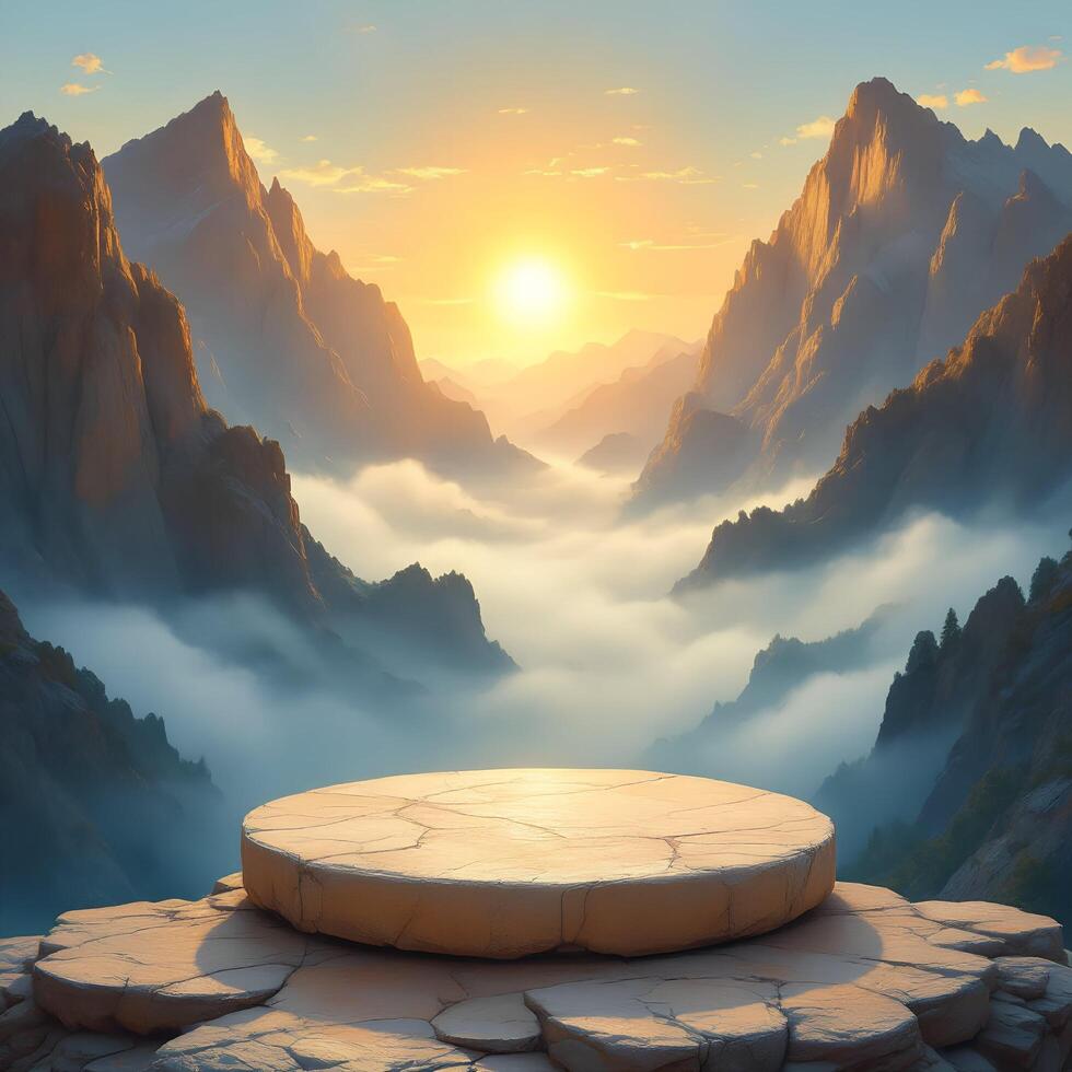 An empty stone bench in the mountains with the sun rising photo