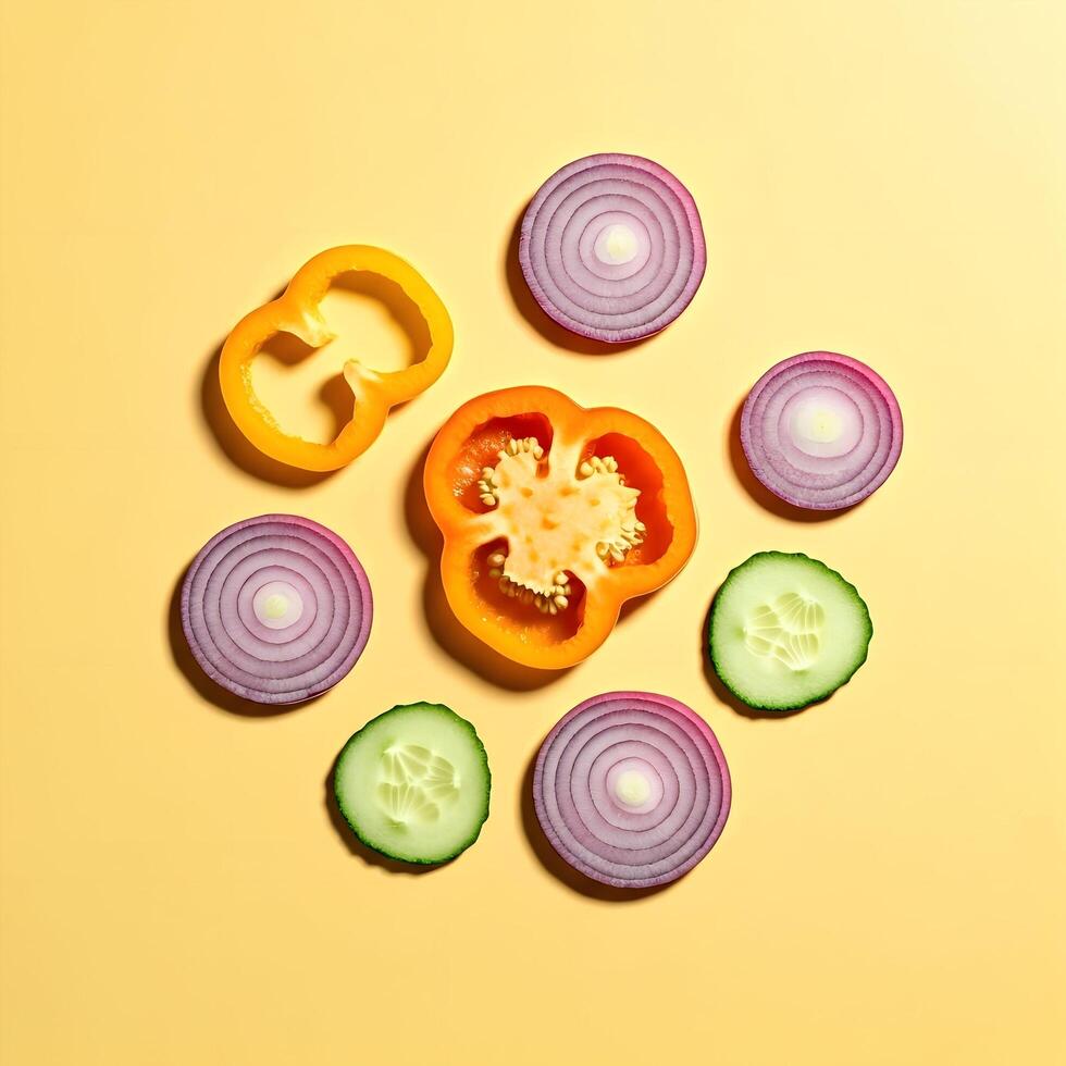 A colorful arrangement of sliced vegetables on a yellow background photo