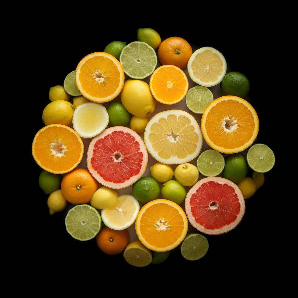 Citrus fruits arranged in a circle on a black background photo