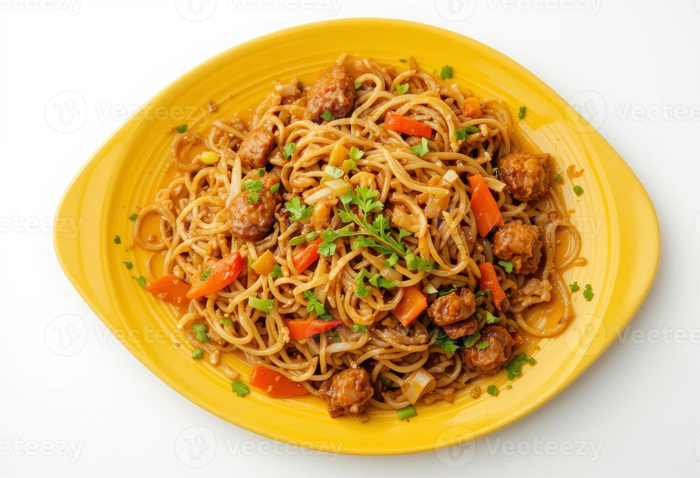 Yellow plate with meat and vegetable stir fry noodles, isolated on a white background, top view. photo