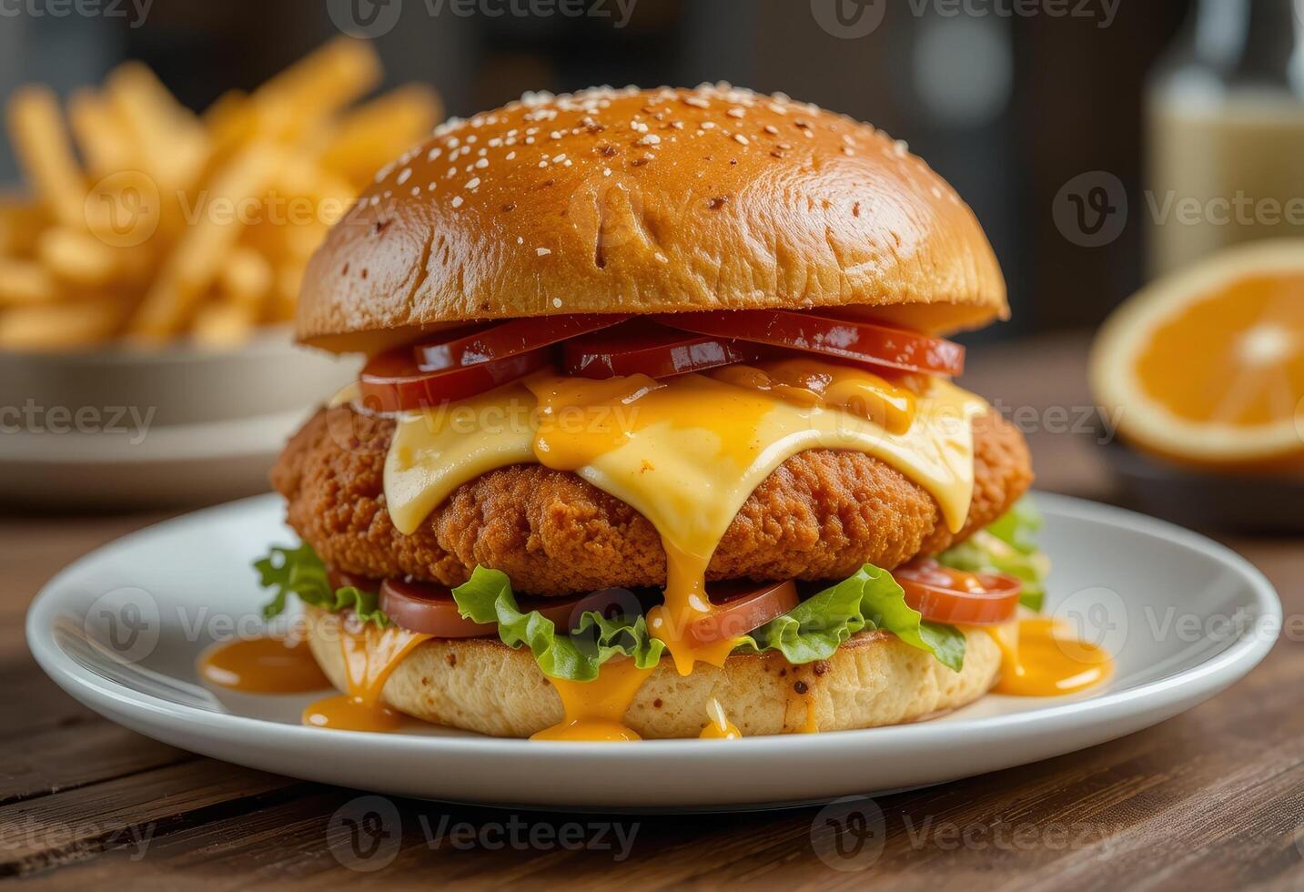 Fried chicken burger, with melted cheese and mayo sauce. photo