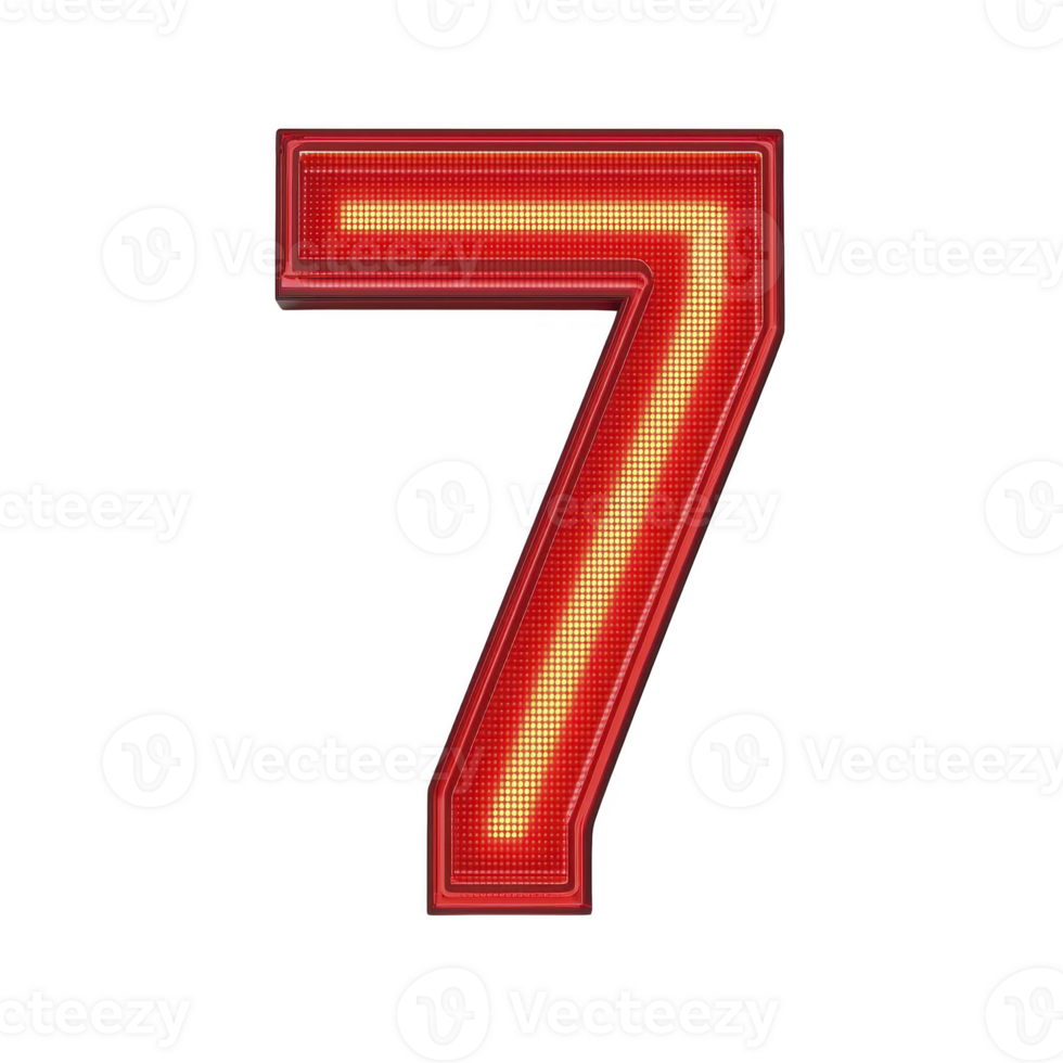 A vibrant red and yellow LED number seven glows brightly against transparency background, creating striking and modern visual effect. illuminated design is bold and eye catching png