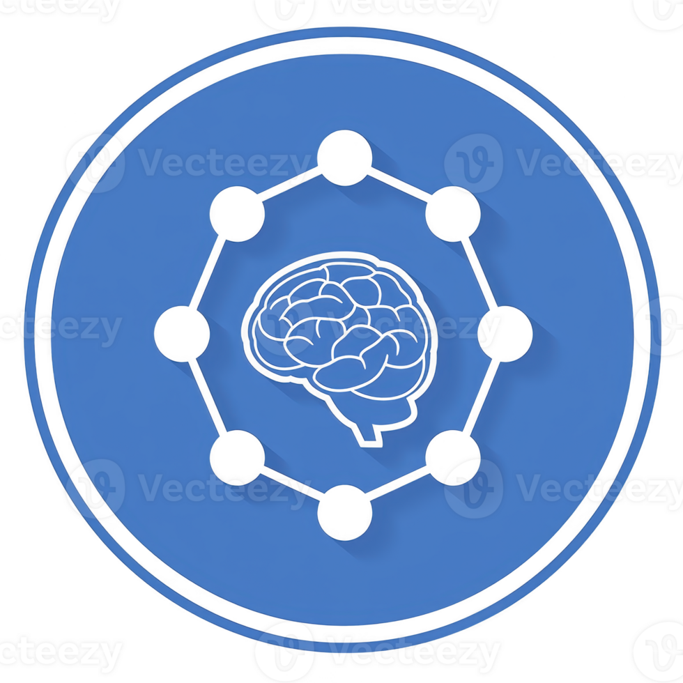A blue circular icon features brain symbol at its center, surrounded by network of connected dots, representing concepts of intelligence and connectivity png