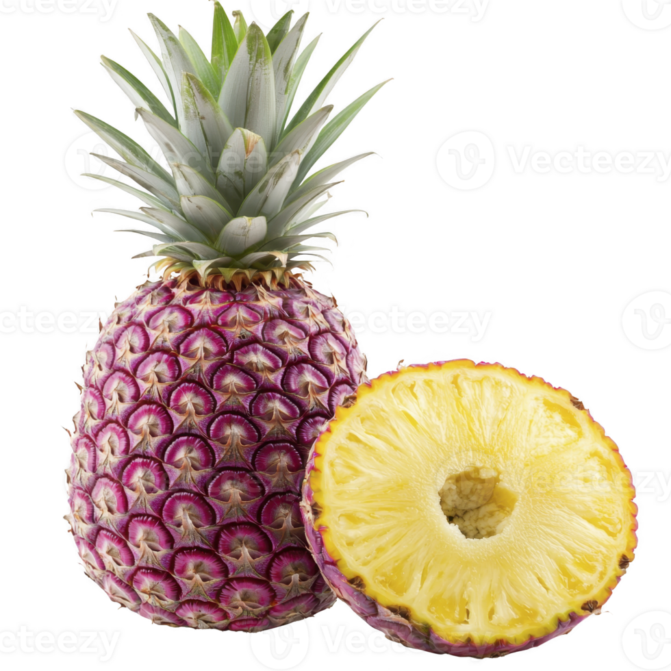 A vibrant purple pineapple with green crown is shown, alongside sliced half revealing its juicy yellow interior. unique color adds exotic and tropical feel png