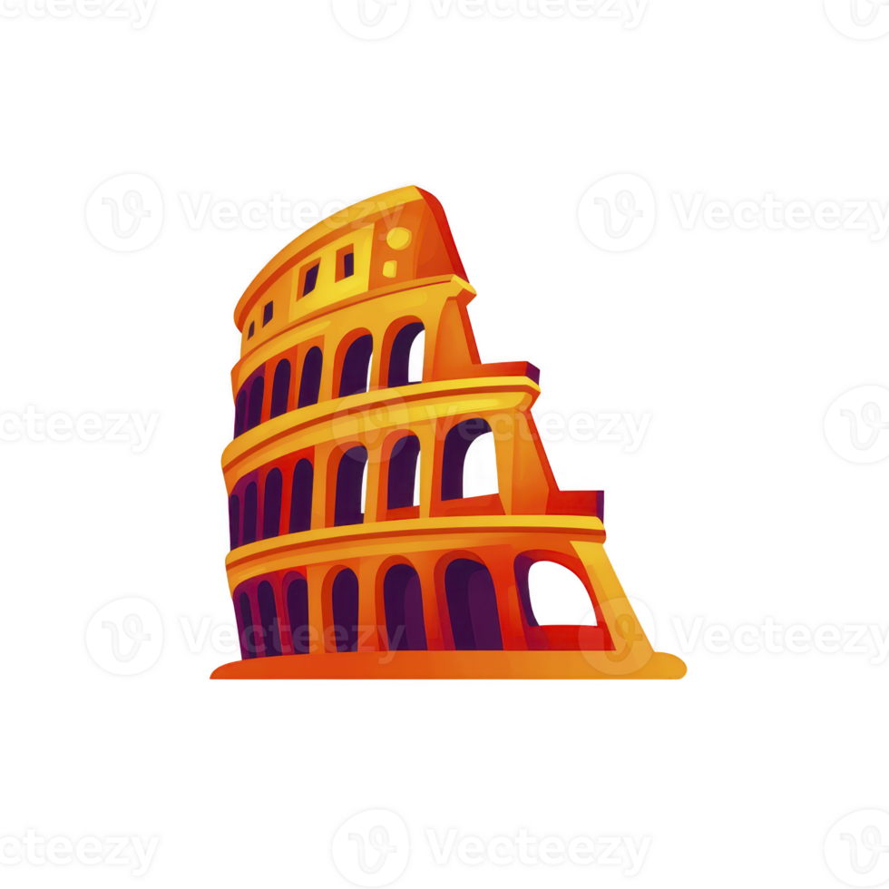 An image features colorful, stylized illustration of Colosseum, showcasing its iconic arches and ancient architecture. vibrant colors add modern twist to this historic landmark. Colosseum png
