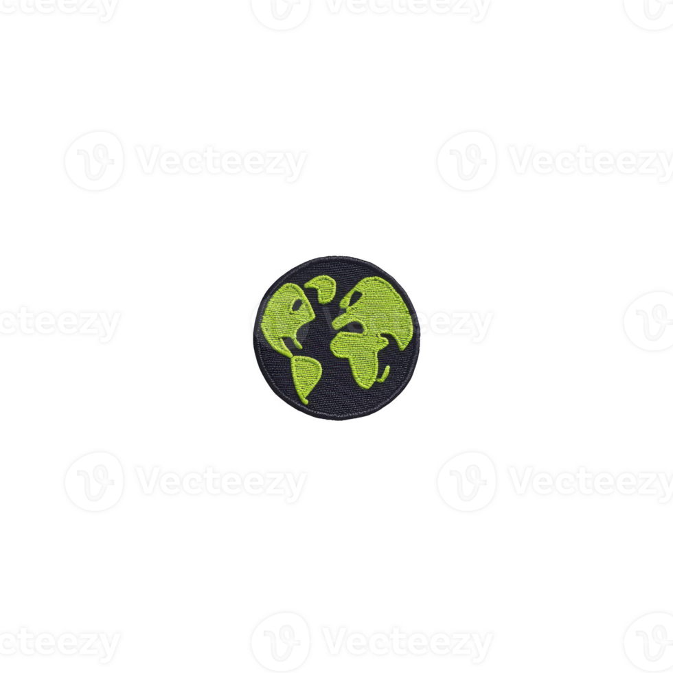 A This features circular patch with stylized green Earth design on transparency background, symbolizing environmental awareness and sustainability. patch is simple and modern.earth patch design png