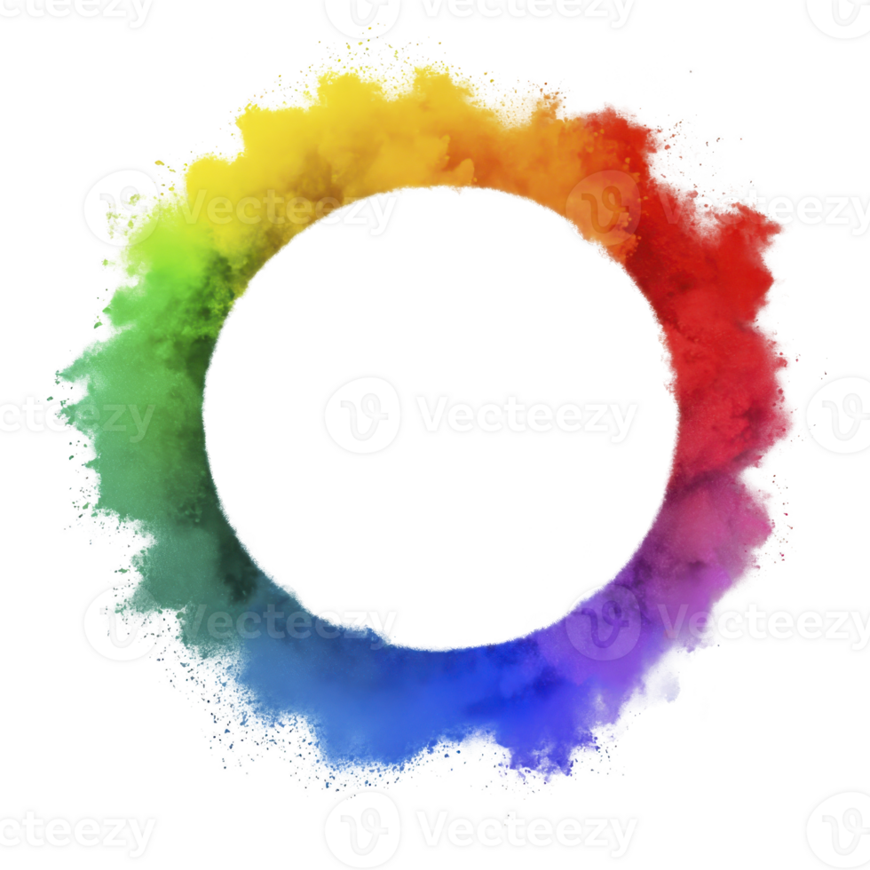 A vibrant circular burst of colorful powder forms rainbow ring against transparency background, creating dynamic and energetic visual. colors blend seamlessly, showcasing spectrum from red to violet png