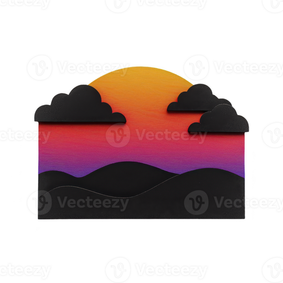 A vibrant sunset scene with colorful gradient sky and silhouetted clouds and hills creates serene atmosphere. warm hues transition smoothly, evoking sense of calm and beauty png
