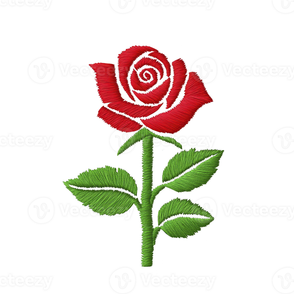A vibrant red rose with green leaves is beautifully embroidered, showcasing intricate stitching and texture. design captures elegance and timeless beauty of classic floral motif png