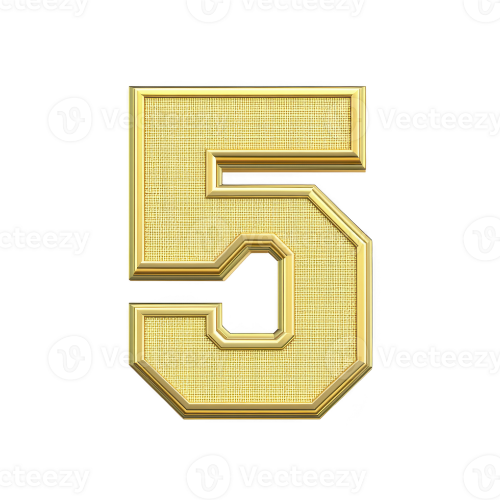 A golden number five with textured surface and shiny, metallic finish stands out against transparency background, creating luxurious and elegant appearance png